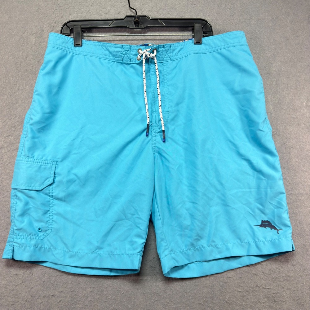 Tommy Bahama Mens XL Cyan Blue Cargo Swim Trunks Marlin Logo Board Shorts 36x8